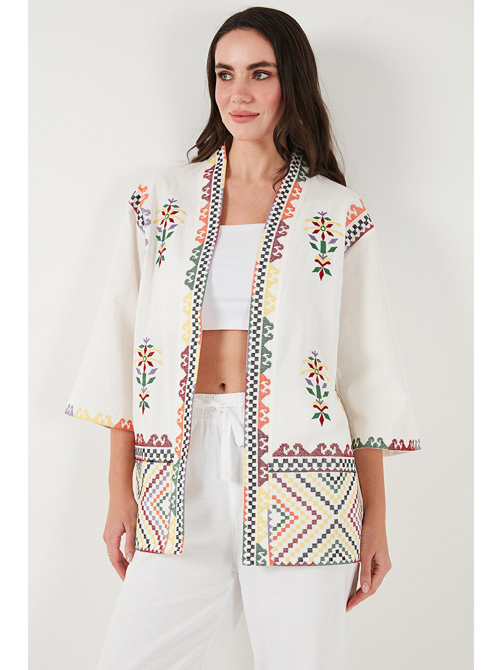 Lela Ekru Nakış İşlemeli Pamuklu Oversize Fit Truvakar Kol Kimono 676272 - 4