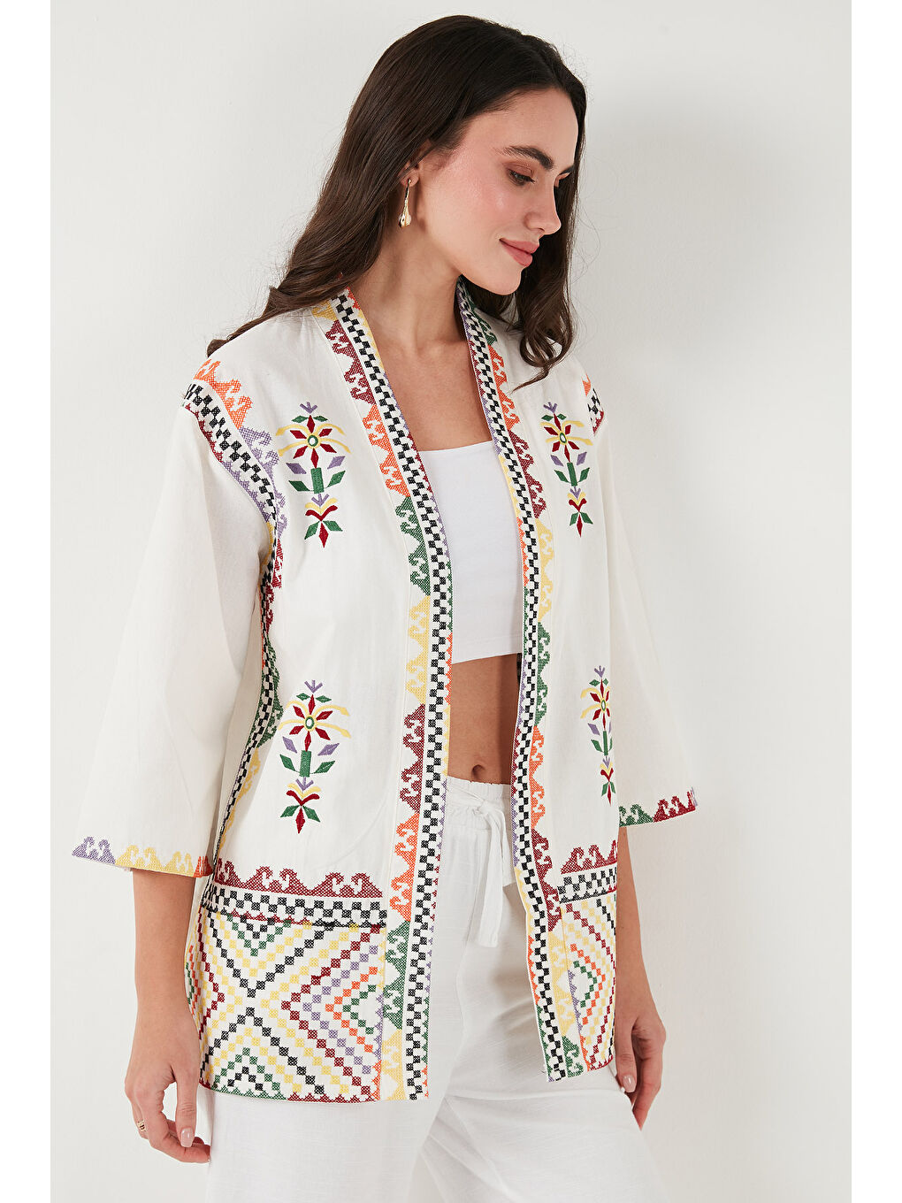 Lela Ekru Nakış İşlemeli Pamuklu Oversize Fit Truvakar Kol Kimono 676272 - 5
