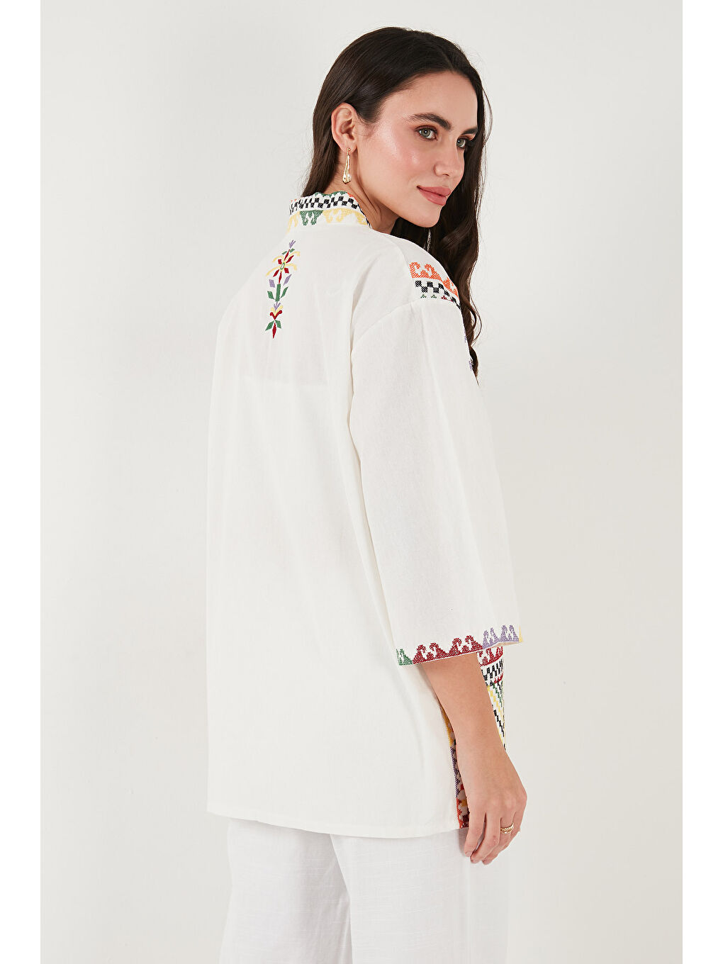 Lela Ekru Nakış İşlemeli Pamuklu Oversize Fit Truvakar Kol Kimono 676272 - 6