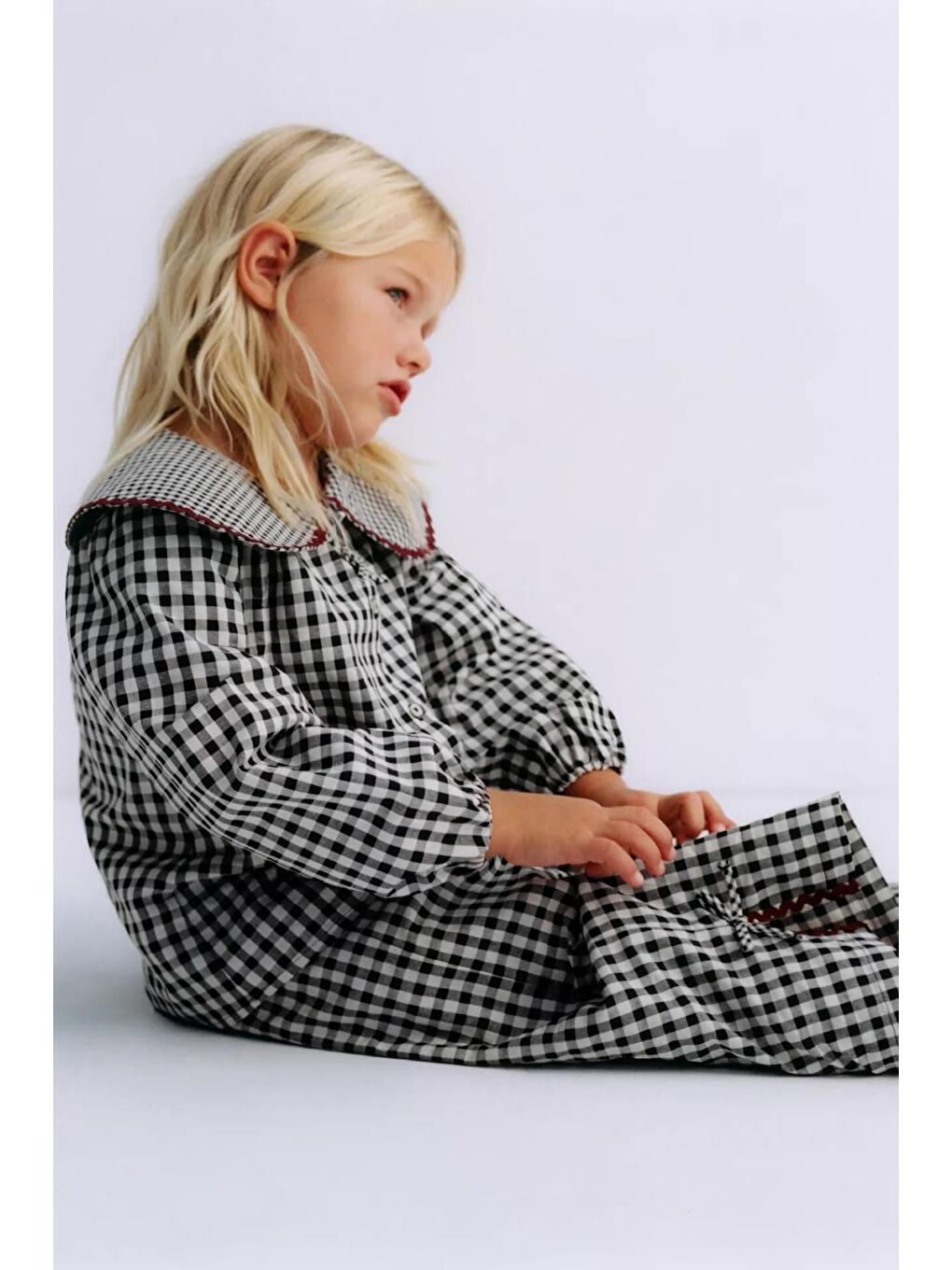 Kız Çocuk Pamuklu Siyah Beyaz Pötikare Gömlek Pantolon Takım - Büyük Yakalı Fiyonk Detaylı-1