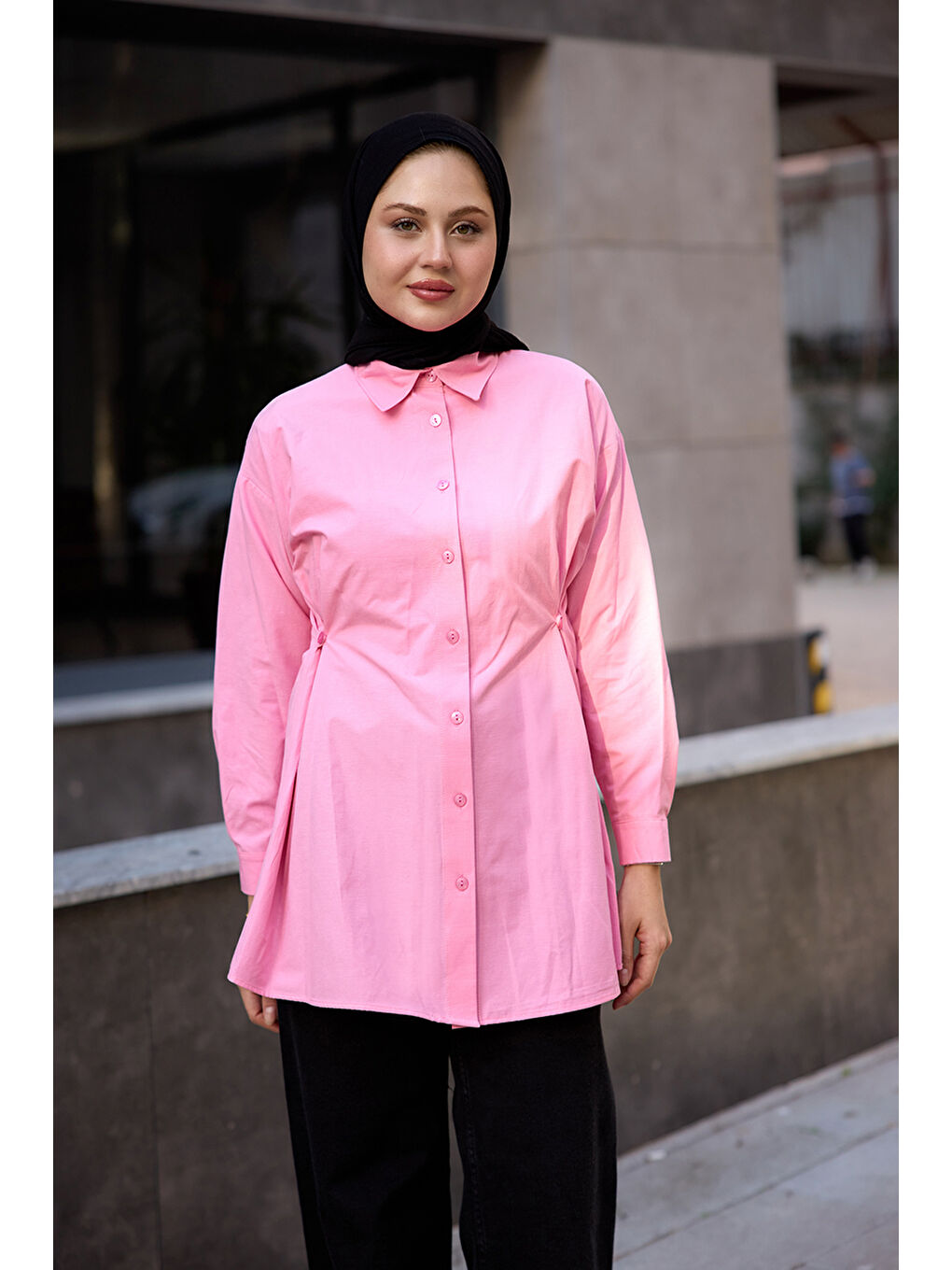 Kadın Yanları Düğme Detaylı Gömlek Pembe-1