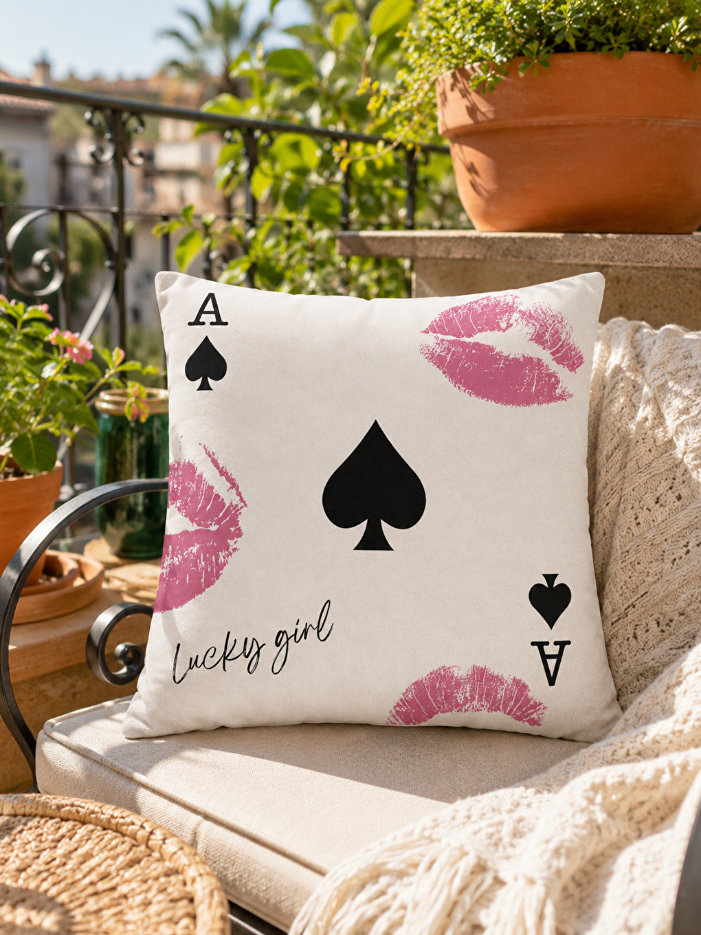Beyaz Lucky Girl Maça Ası Dudak Baskılı Pop Art Dekoratif Kırlent Kılıfı Modern Dekor 43x43 Cm-1