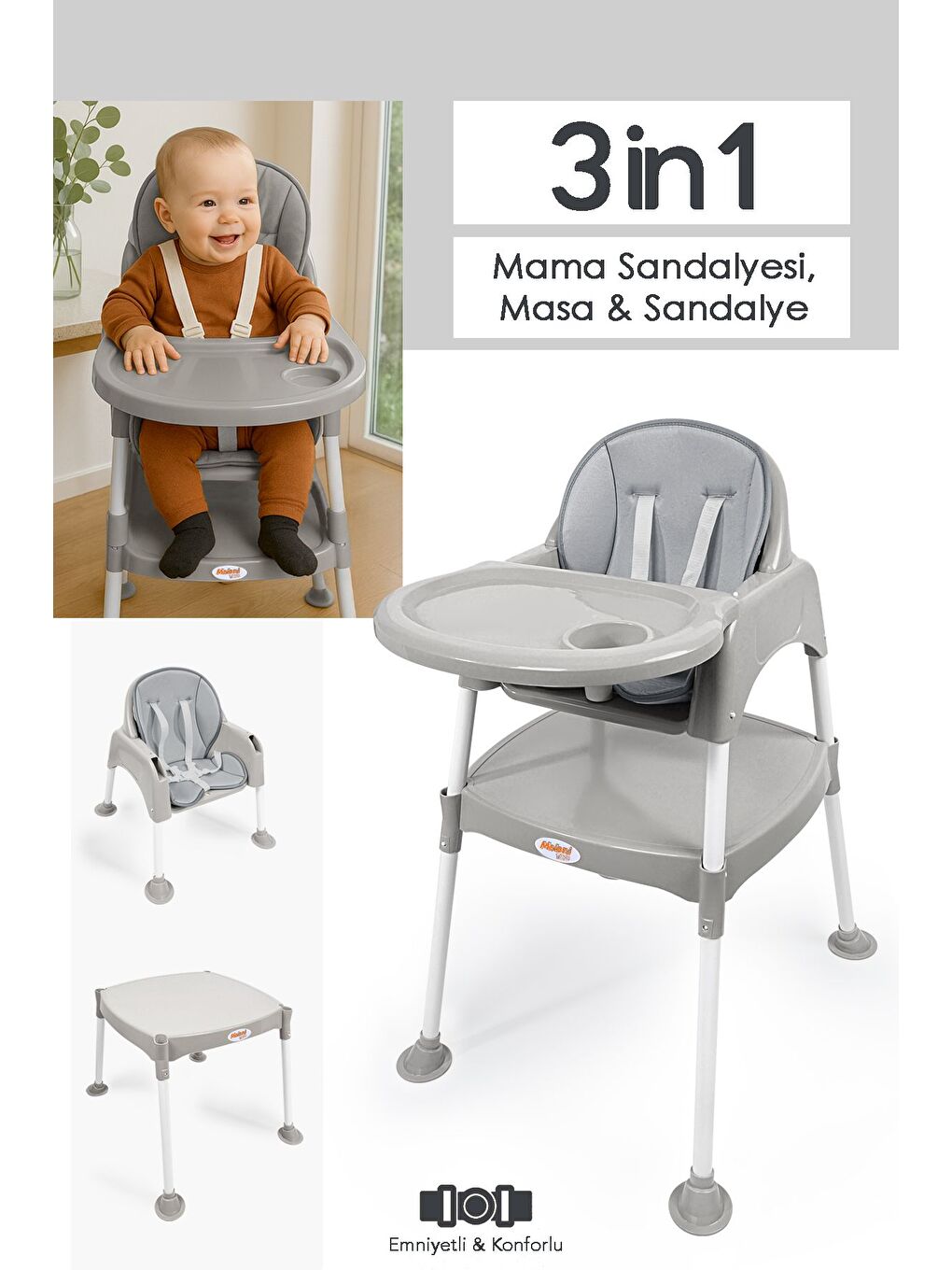 3in1 Bebek Mama Sandalyesi Çalışma Masalı Mama Sandalyesi Minderli Mama Oturağı Gri