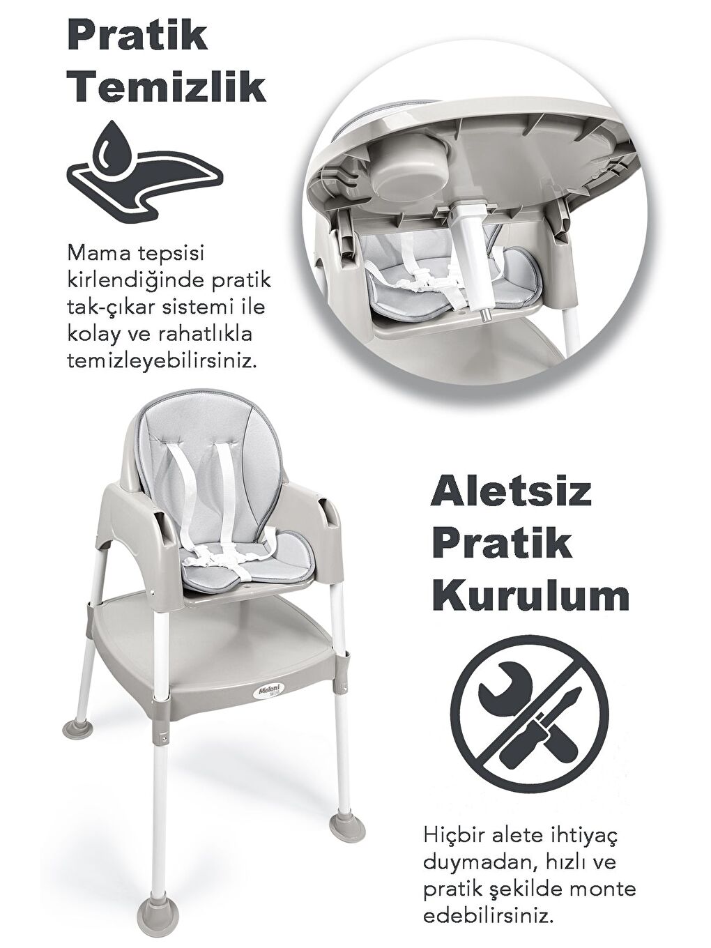 3in1 Bebek Mama Sandalyesi Çalışma Masalı Mama Sandalyesi Minderli Mama Oturağı Gri-2