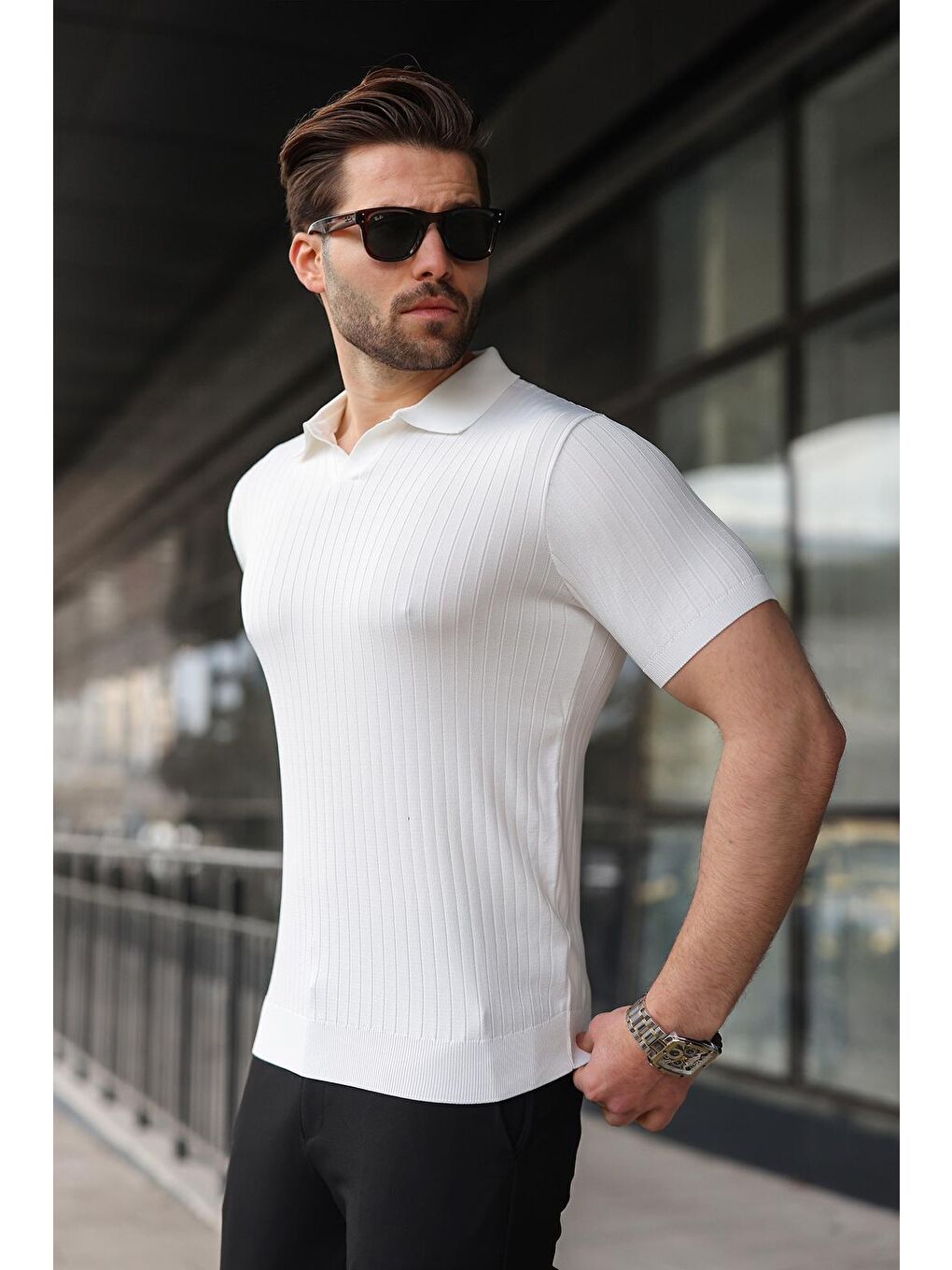 Beyaz Polo Yaka Triko Erkek Tişört E7461-1