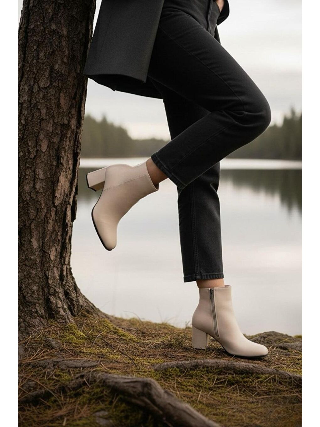 Kadın Liva Bej Cilt Düz Topuklu Kısa Bot-1