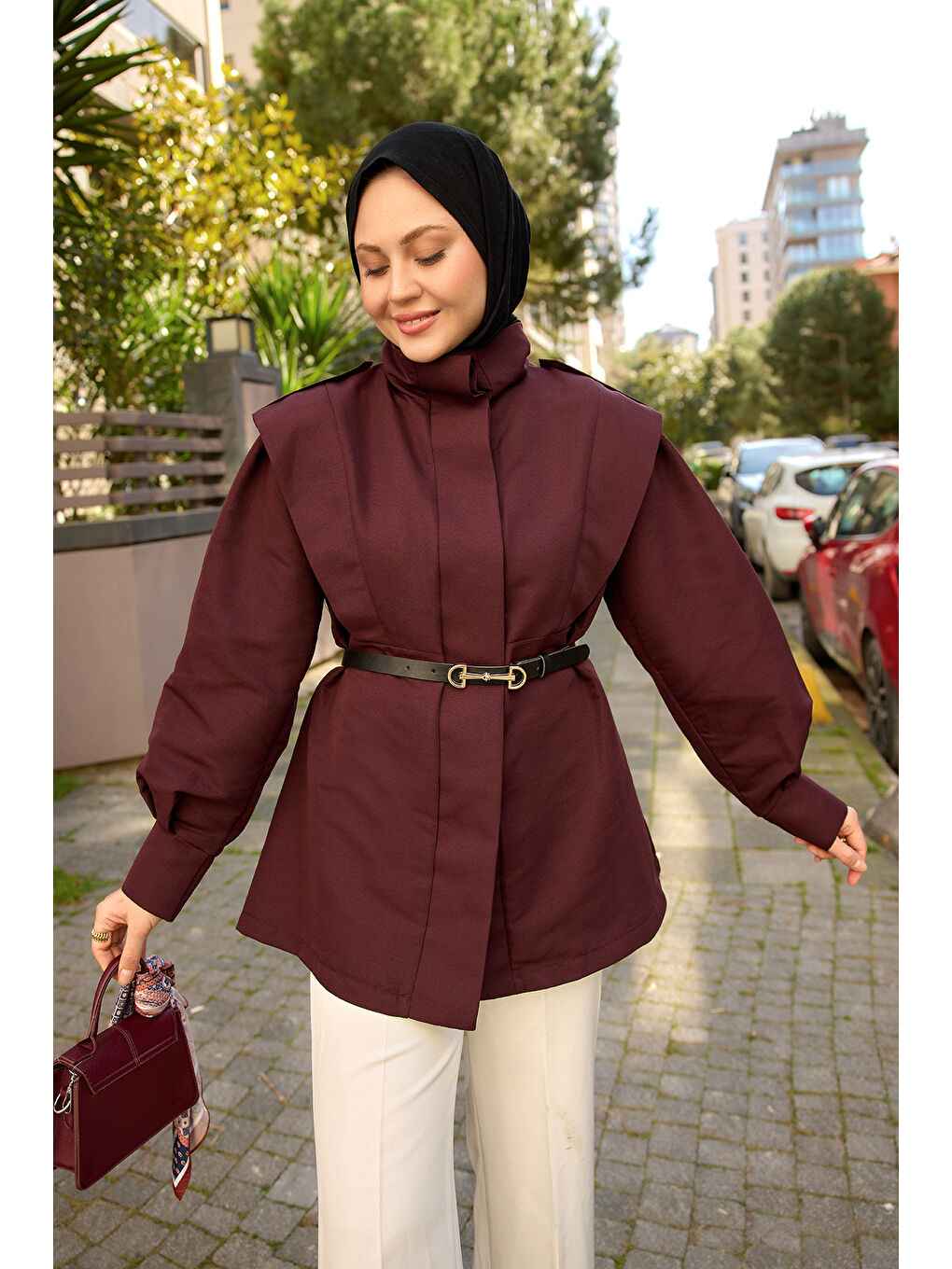 Kadın Palt Pensli Apoletli Kısa Trenç Bordo-2
