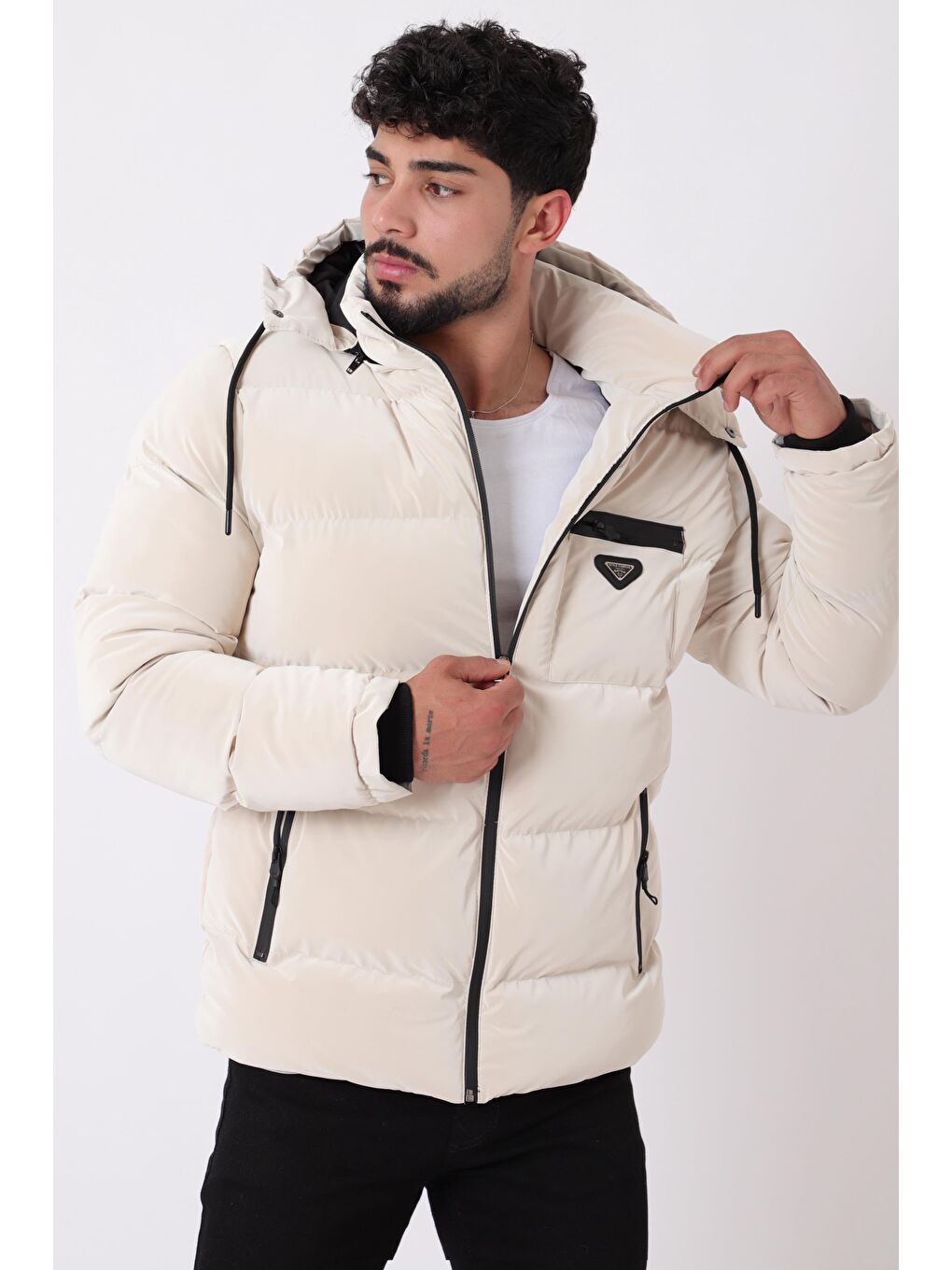 Ekru Armalı Çıtçıtlı Nova Kışlık Şişme Mont PLDP 3007_50452-2