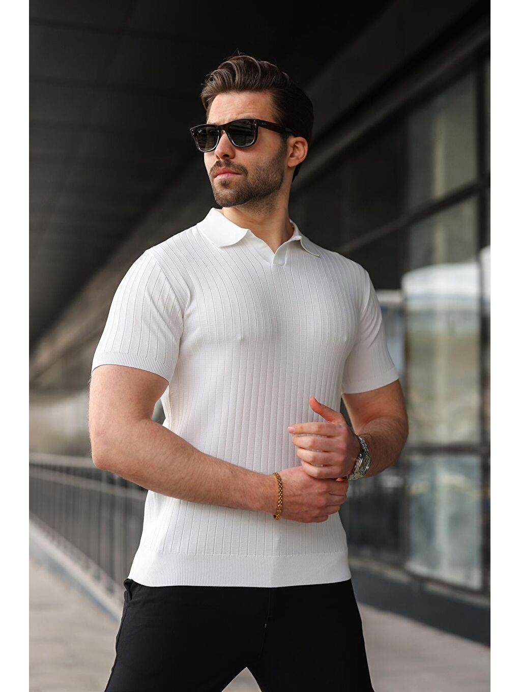 Beyaz Polo Yaka Triko Erkek Tişört E7461-3