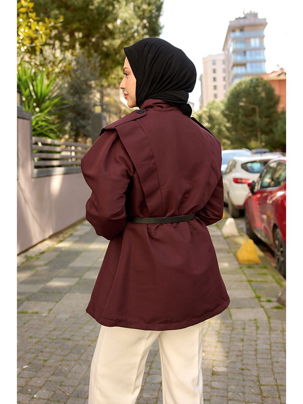 Kadın Palt Pensli Apoletli Kısa Trenç Bordo-3