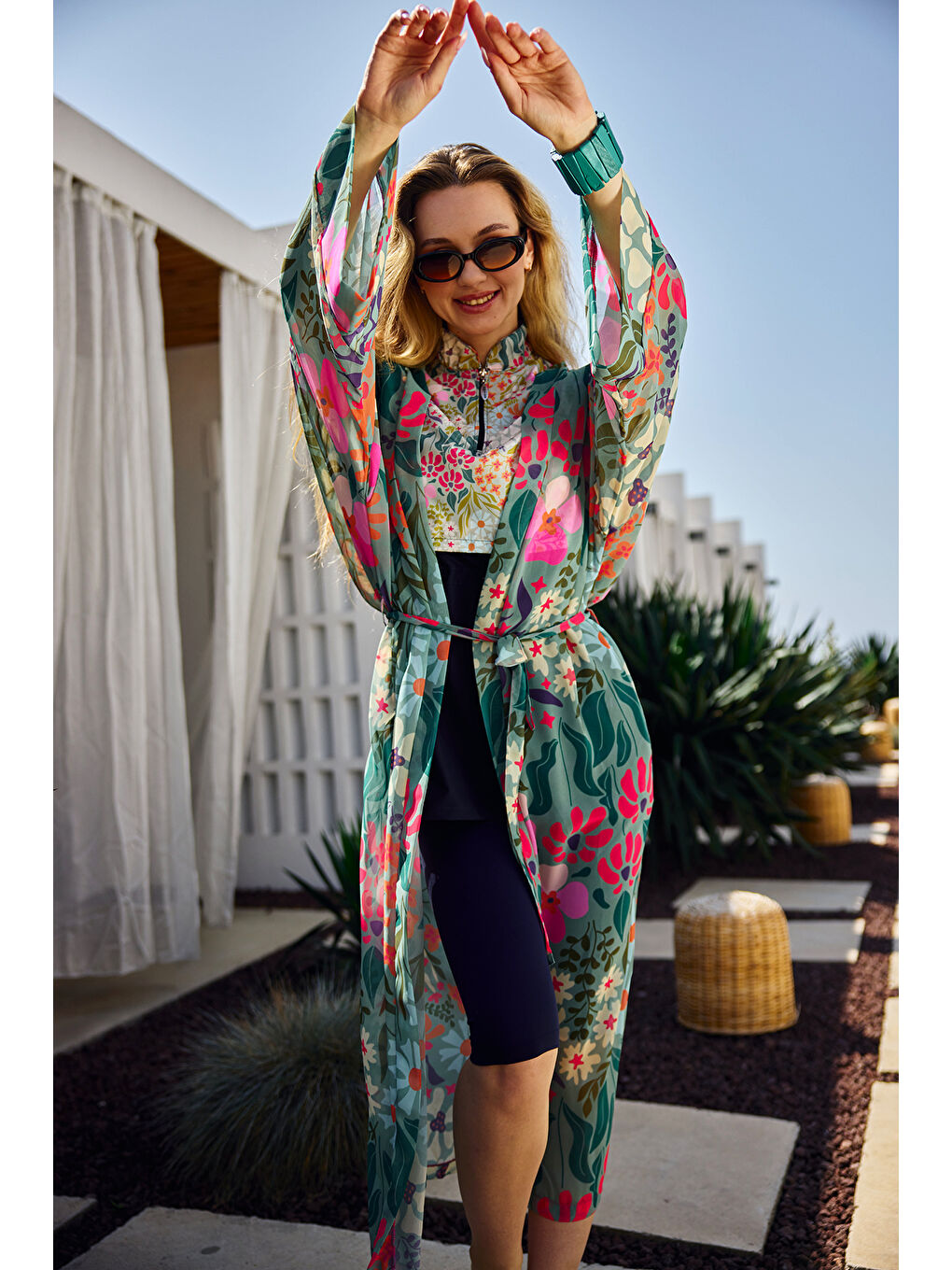 Remsa Tesettür Mayo Üzerine Tek Kaftan Kimono Pareo Yeşil RP026 Patara-4