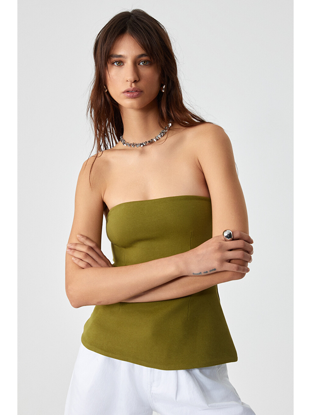Yeşil ORIANA Kadın Slim Fit Straplez YEŞİL Bluz-2
