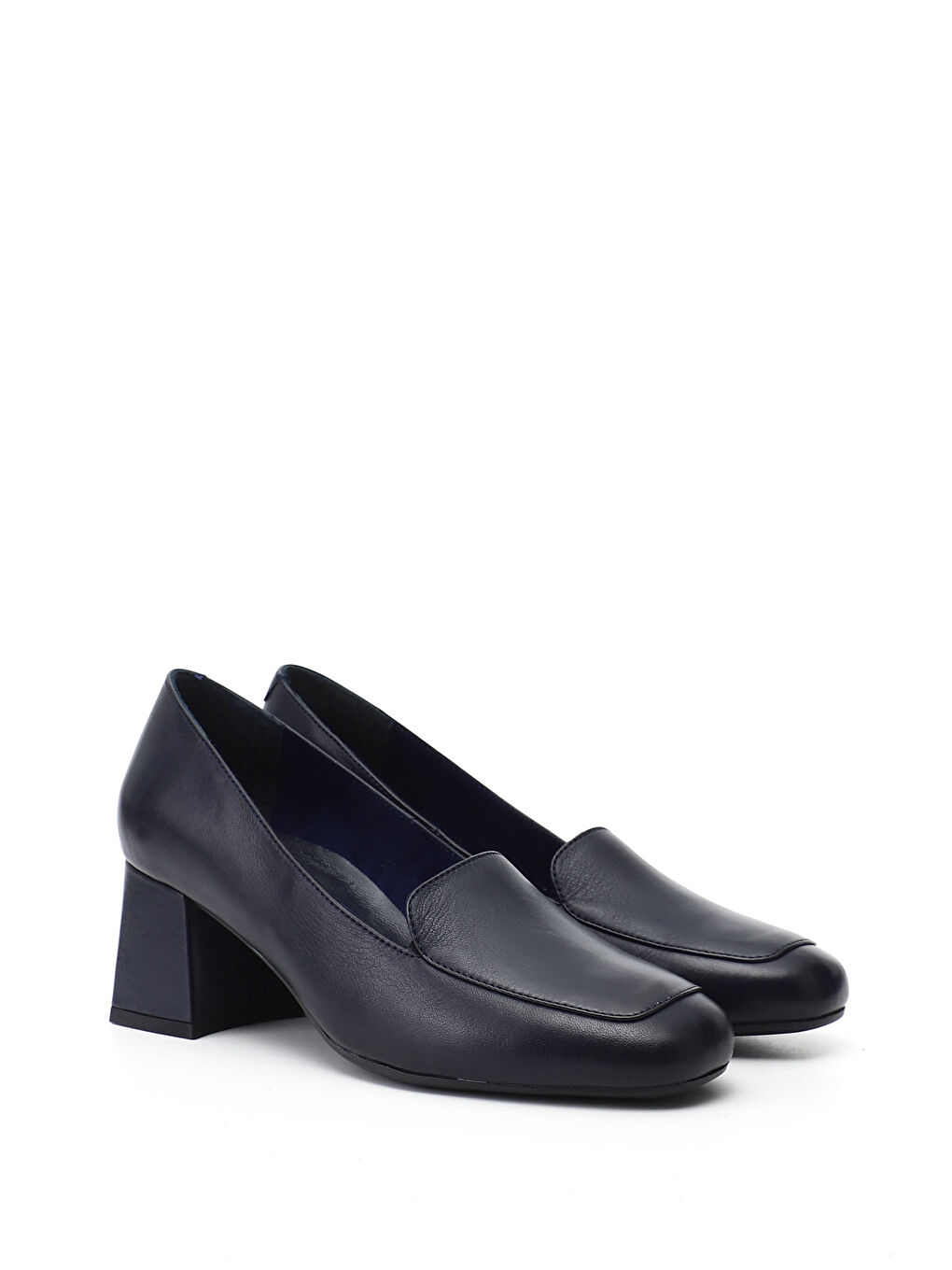 Lacivert Kadın AÇIK LACİVERT Küt Burun Kalın Topuklu Hakiki Deri Ayakkabı-1