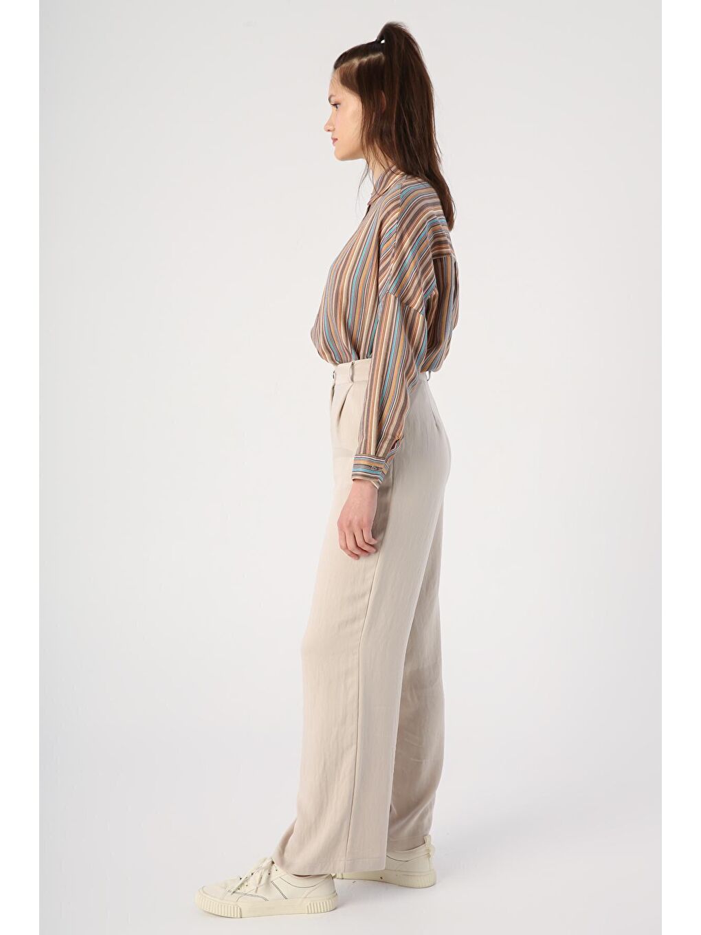 Bej Doğal Kumaş Pileli Palazzo Pantolon-2