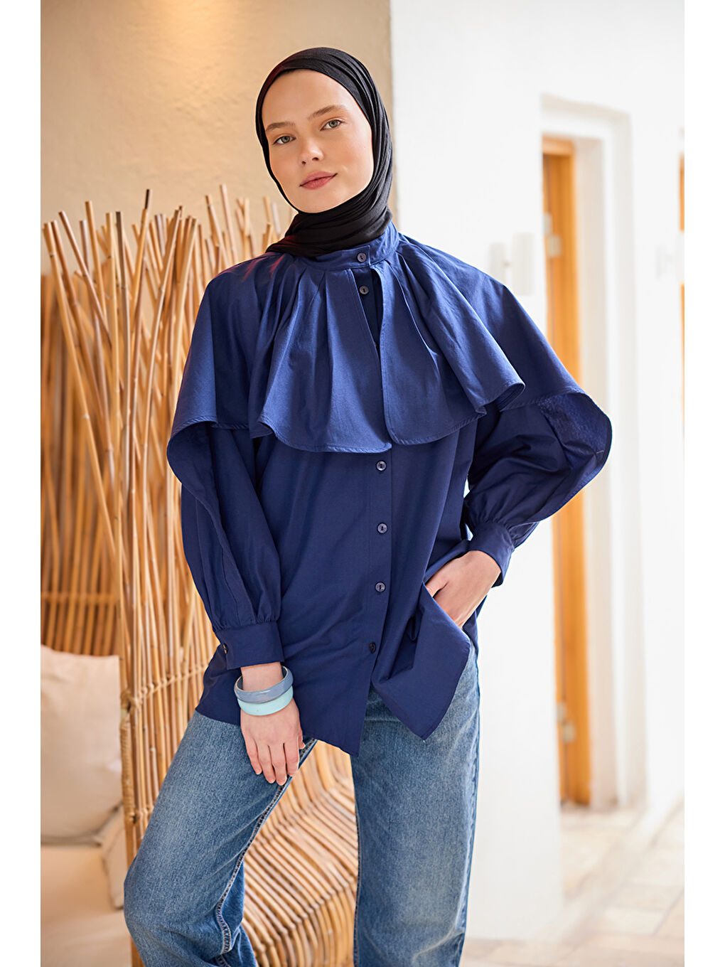 Kadın Balon Kol Çift Yaka Gömlek Lacivert-2