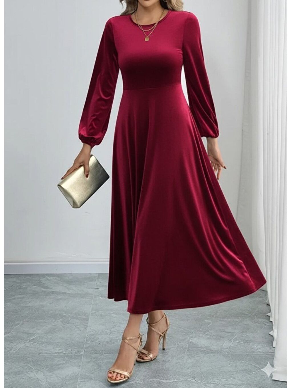 Bordo Kadın Uzun Kollu Bisiklet Yaka Midi Kadife Elbise-1