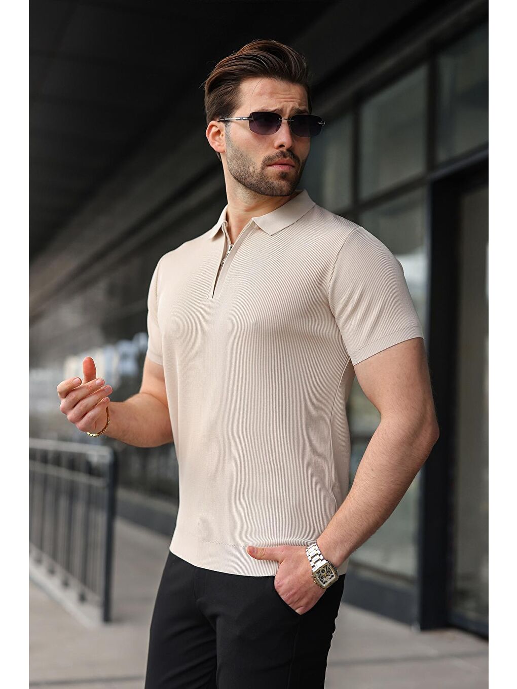 Bej Taş Rengi Yarım Fermuarlı Polo Yaka Triko Erkek Tişört E74e59
