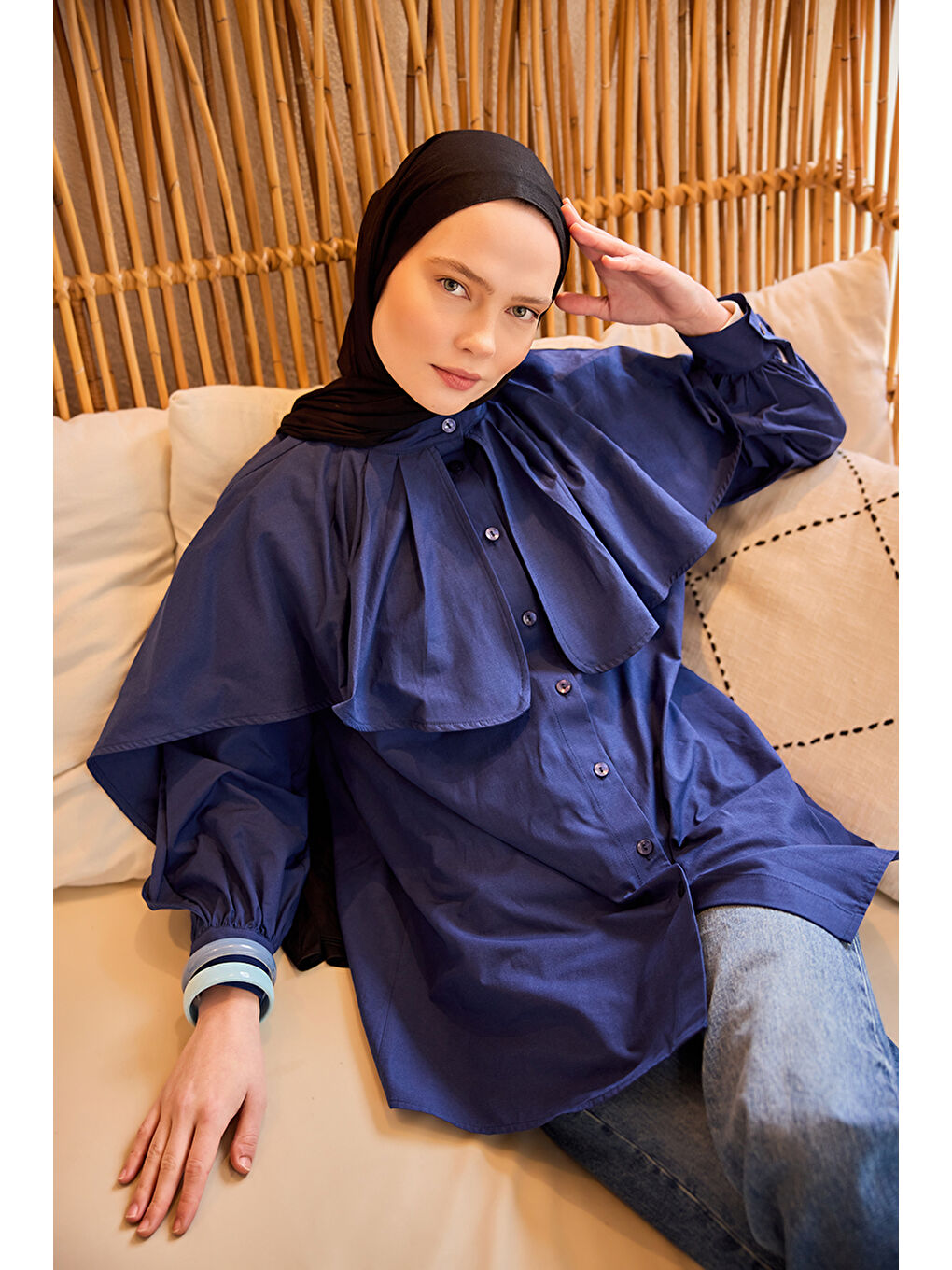 Kadın Balon Kol Çift Yaka Gömlek Lacivert-4