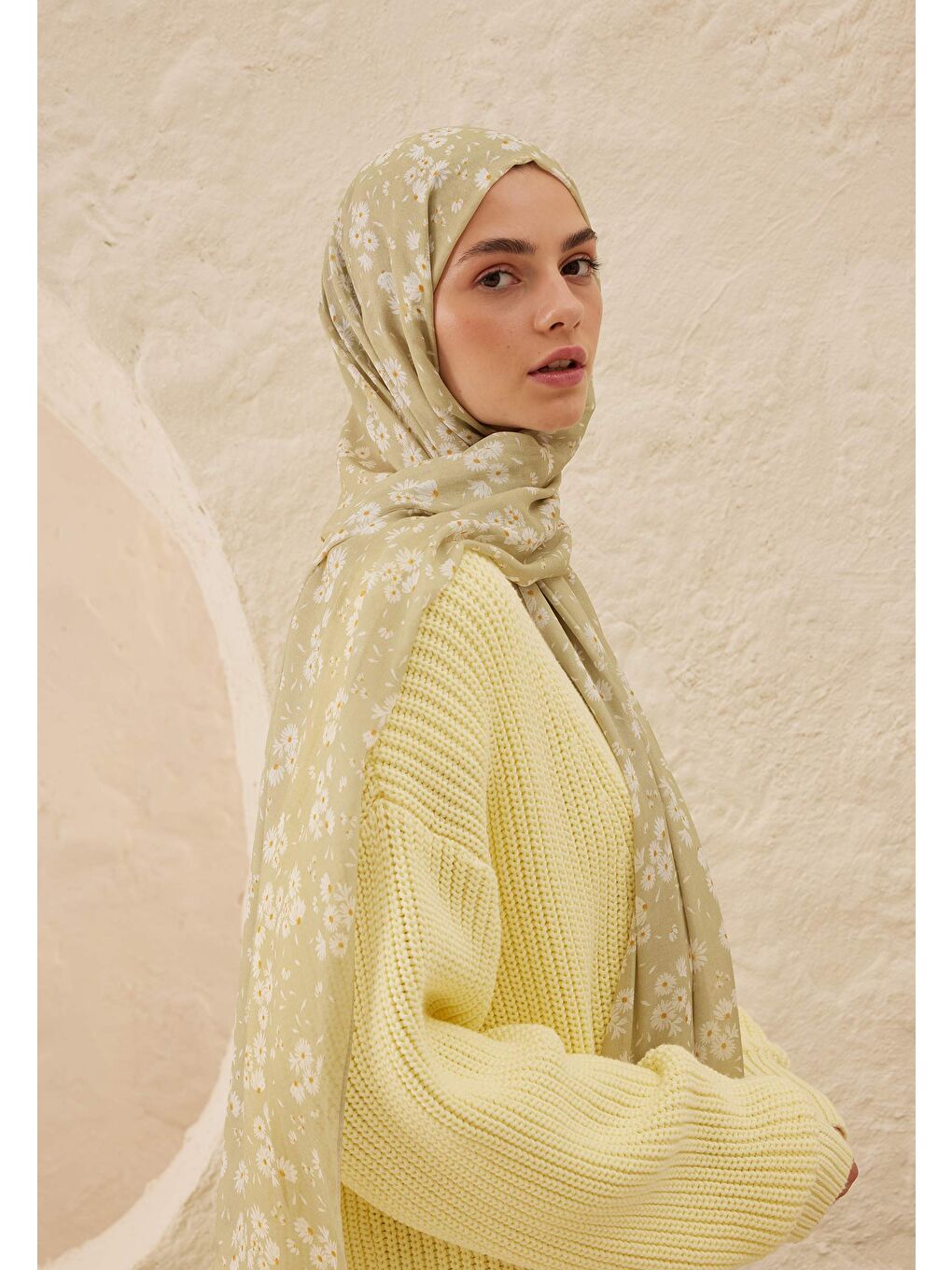 Yeşil Papatya Desen Rami Şal Adaçayı-1