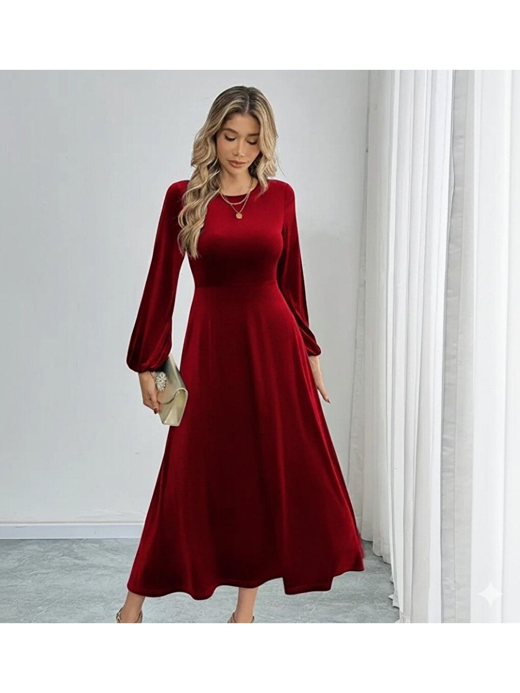 Bordo Kadın Uzun Kollu Bisiklet Yaka Midi Kadife Elbise-2