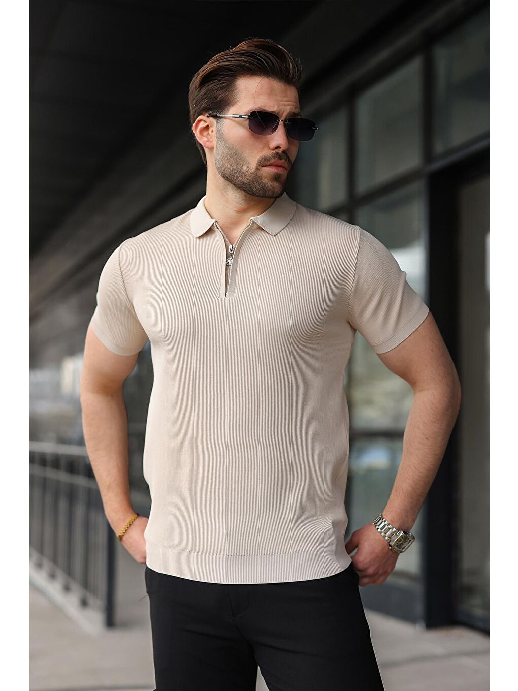 Bej Taş Rengi Yarım Fermuarlı Polo Yaka Triko Erkek Tişört E74e59-3
