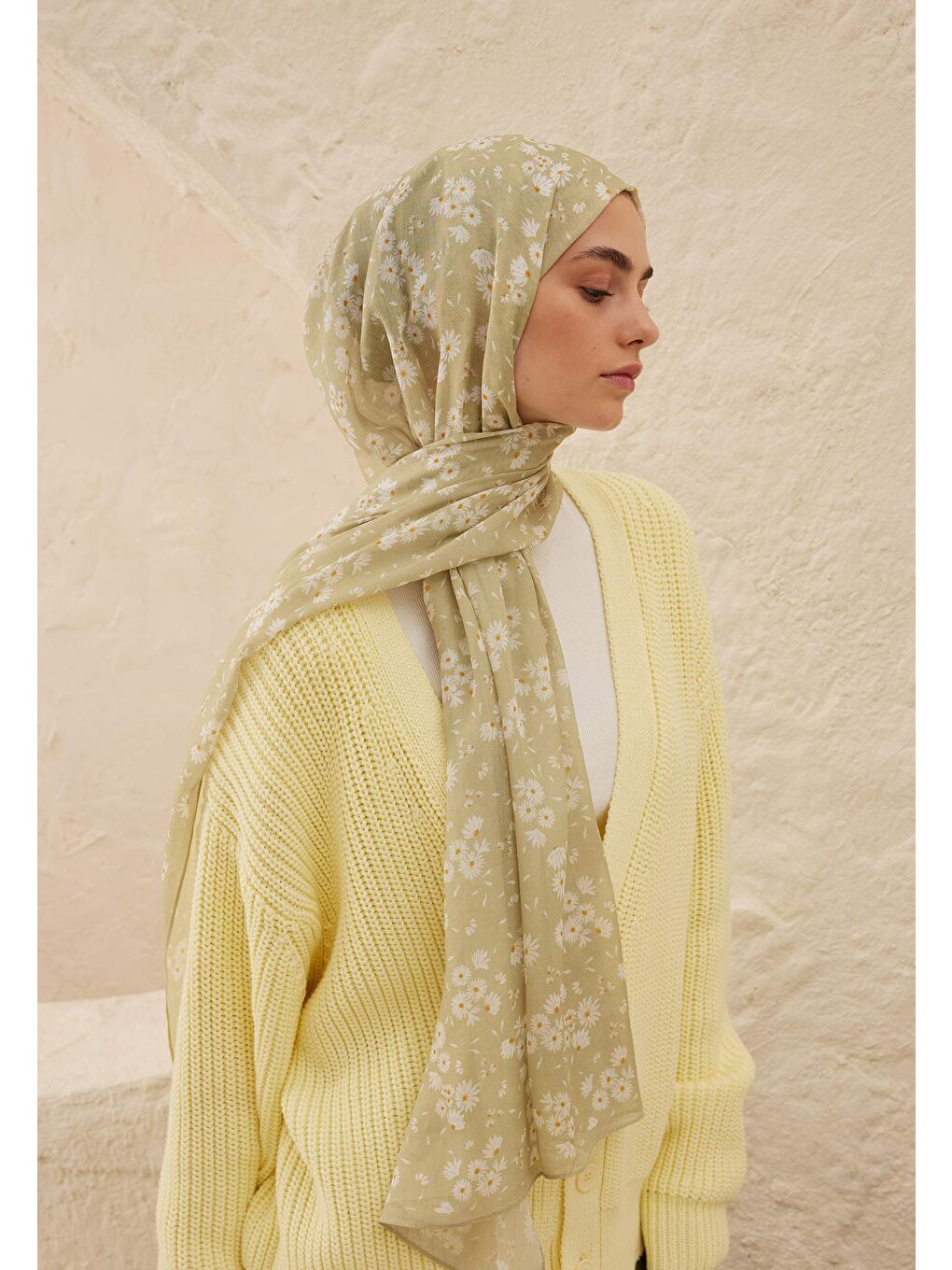 Yeşil Papatya Desen Rami Şal Adaçayı-2