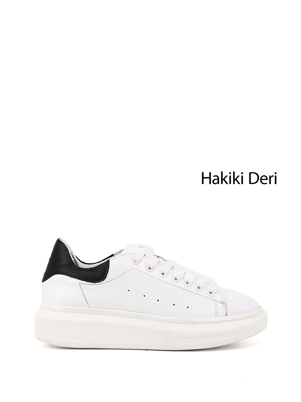 Beyaz Kadın BEYAZ-SİYAH Bağcıklı Dolgu Taban Hakiki Deri Sneaker