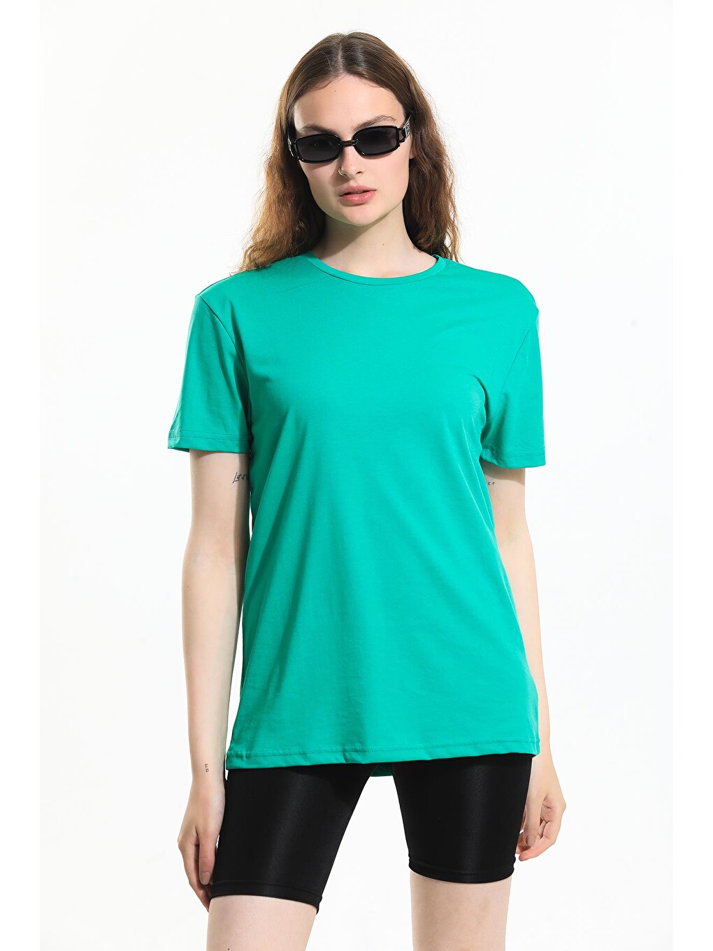 Yeşil Oversize Fit Pamuklu Kısa Kollu Basic Uniseks Kadın Erkek Tişört-2