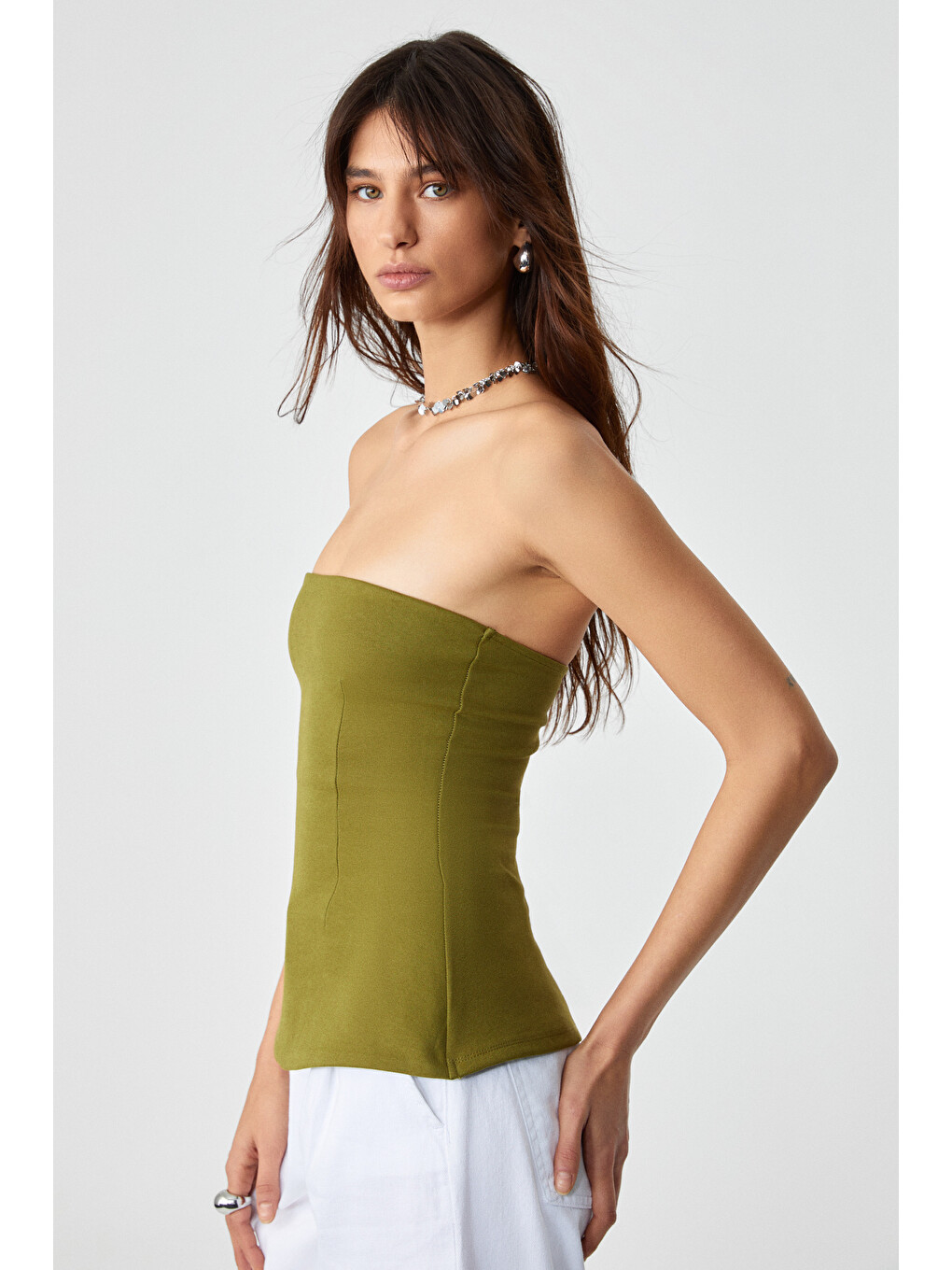 Yeşil ORIANA Kadın Slim Fit Straplez YEŞİL Bluz-3
