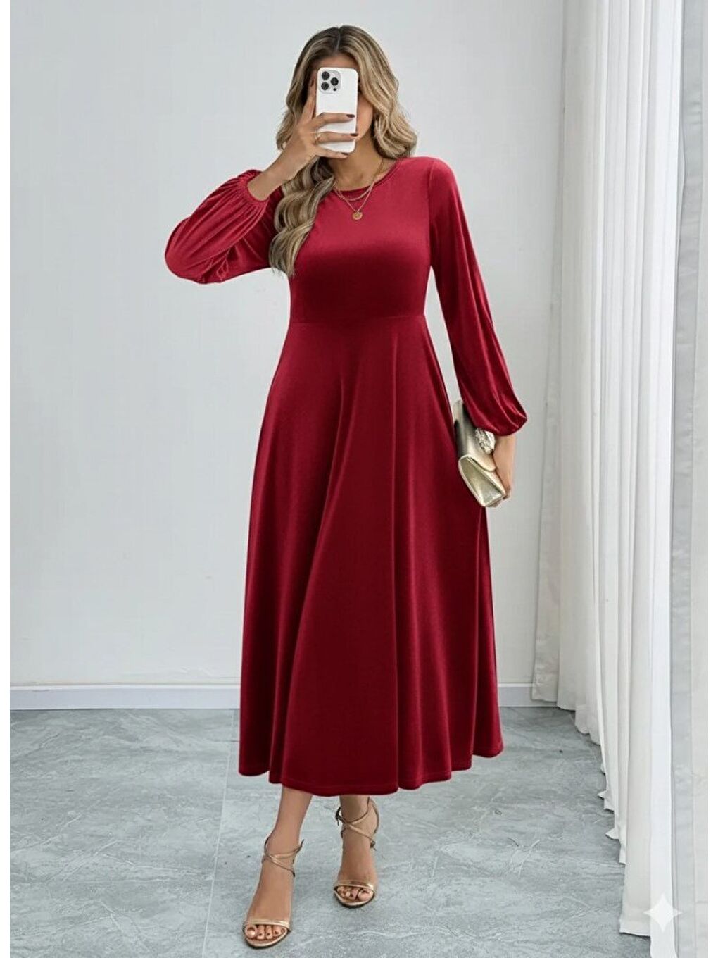Bordo Kadın Uzun Kollu Bisiklet Yaka Midi Kadife Elbise-3