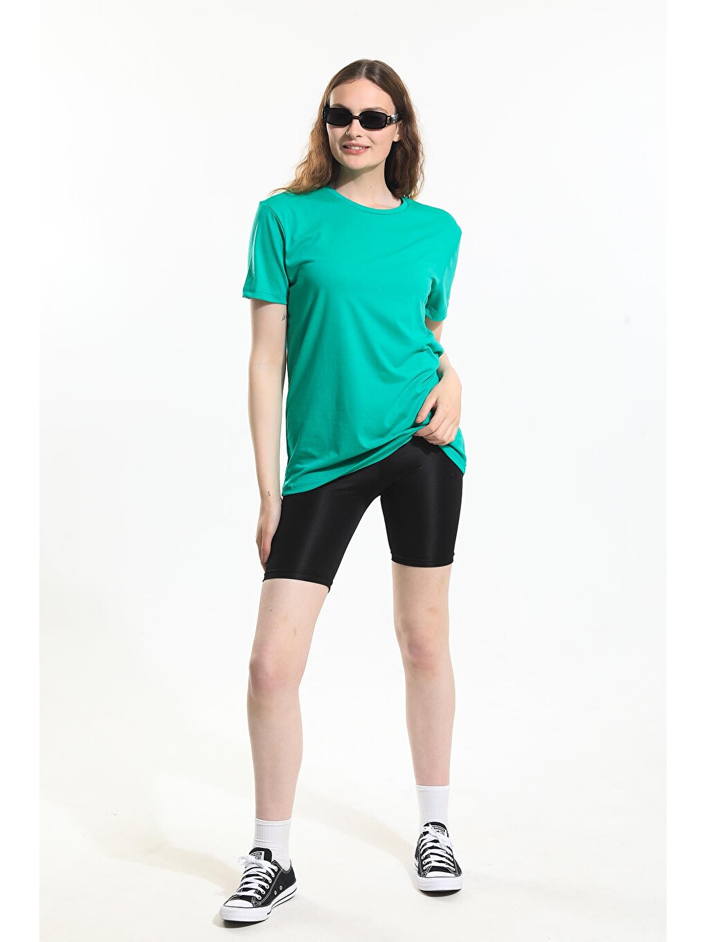 Yeşil Oversize Fit Pamuklu Kısa Kollu Basic Uniseks Kadın Erkek Tişört-3
