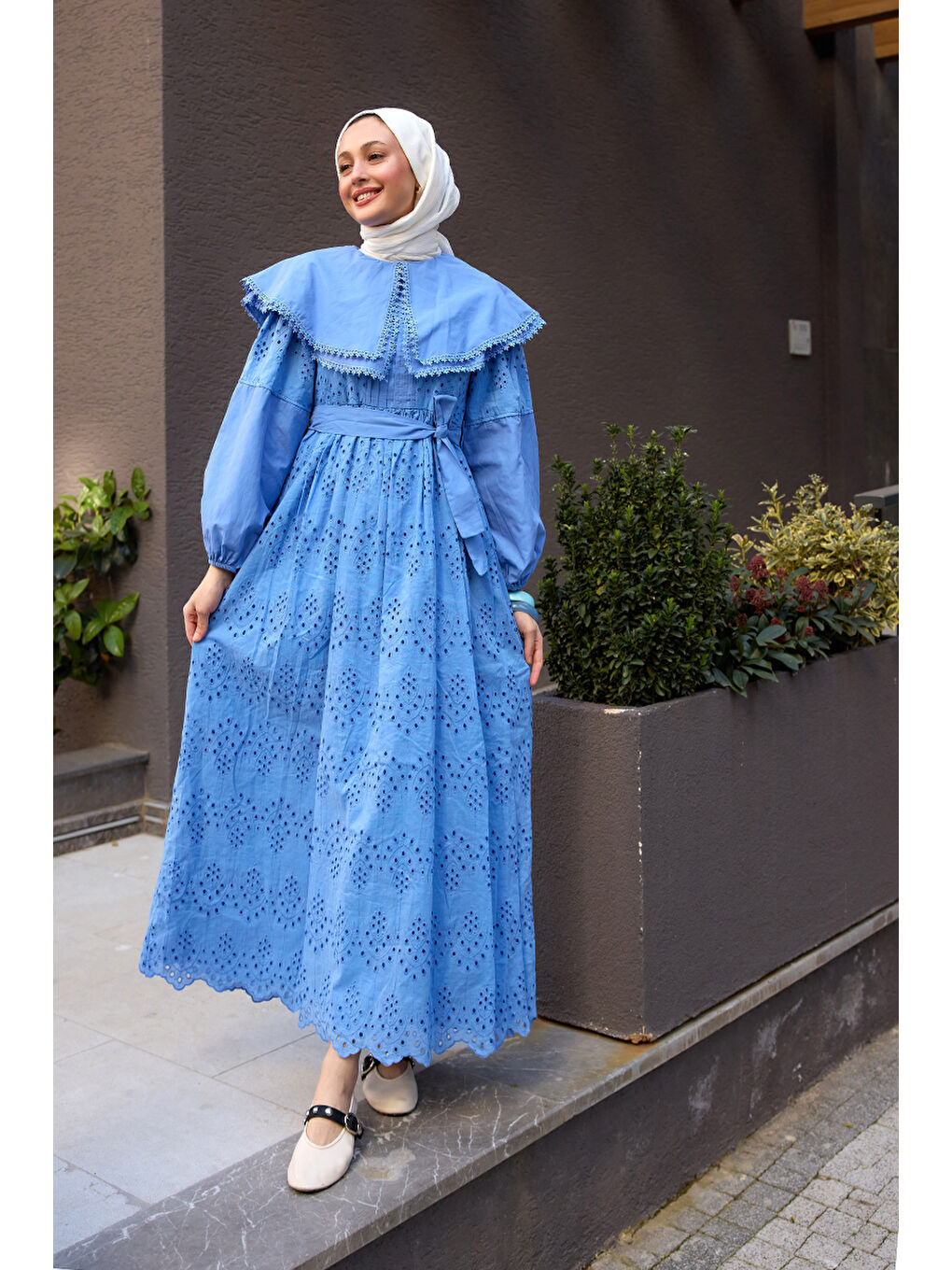 Kadın Bebe Yaka Dantel Detay Elbise Mavi-1