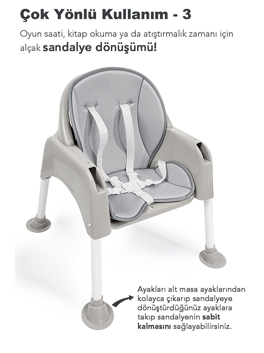 3in1 Bebek Mama Sandalyesi Çalışma Masalı Mama Sandalyesi Minderli Mama Oturağı Gri-4