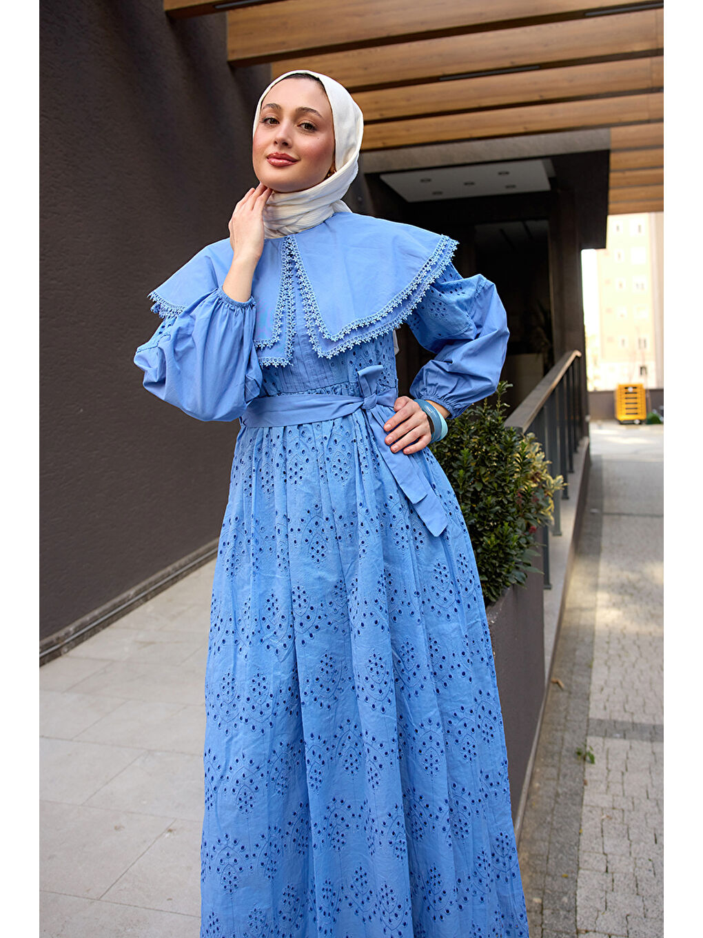Kadın Bebe Yaka Dantel Detay Elbise Mavi-2