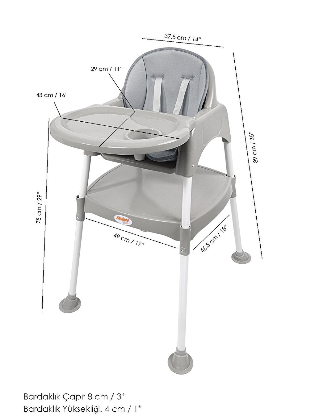 3in1 Bebek Mama Sandalyesi Çalışma Masalı Mama Sandalyesi Minderli Mama Oturağı Gri-6