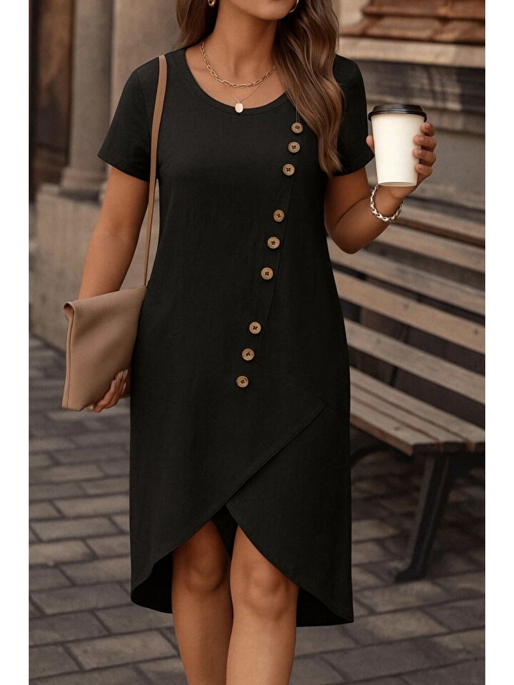 Siyah Kadın Kısa Kollu Bisiklet Yaka Düğme Detay Müslim Elbise