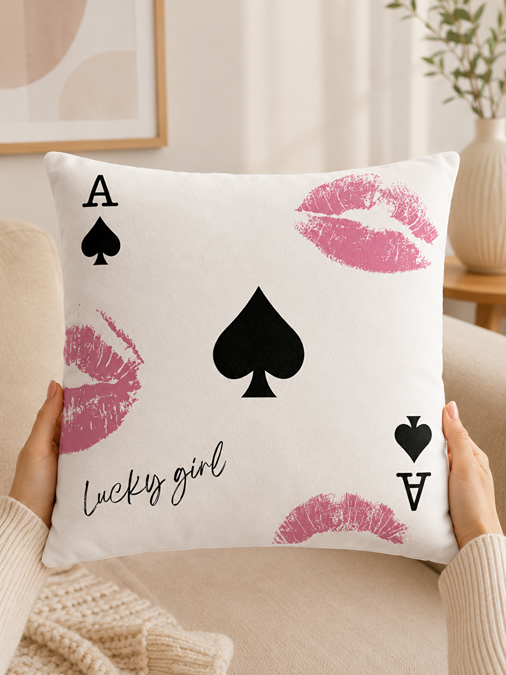 Beyaz Lucky Girl Maça Ası Dudak Baskılı Pop Art Dekoratif Kırlent Kılıfı Modern Dekor 43x43 Cm-3