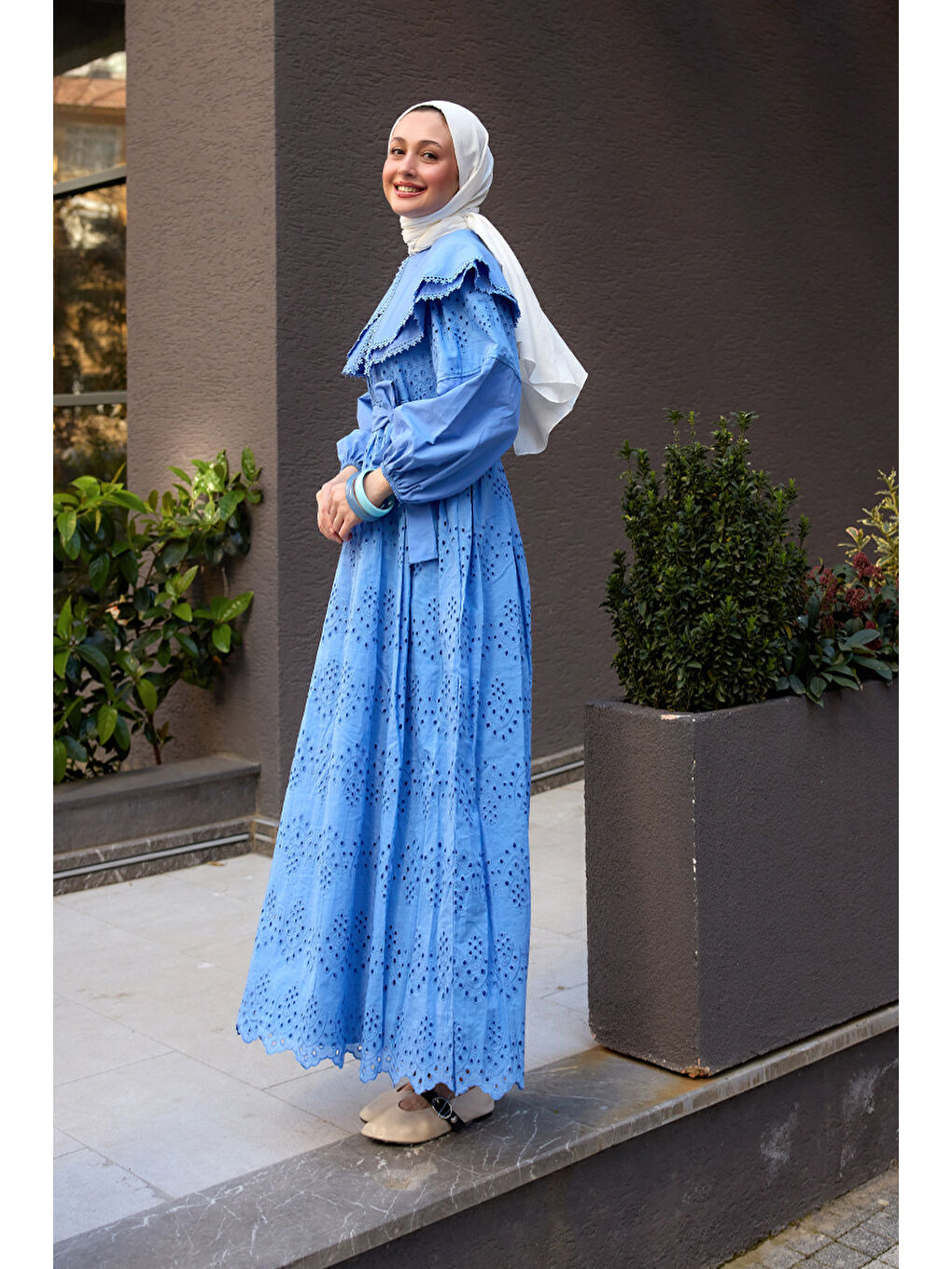 Kadın Bebe Yaka Dantel Detay Elbise Mavi-3