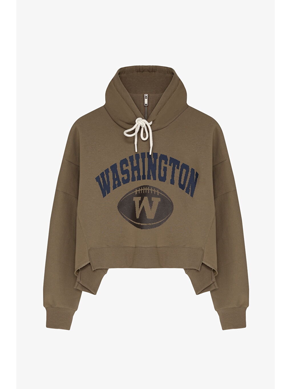 Dik Yaka Detaylı Önü Baskılı Kapüşonlu Sweatshirt Haki