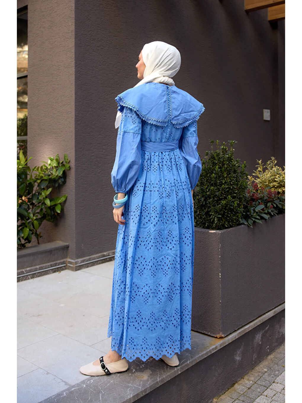 Kadın Bebe Yaka Dantel Detay Elbise Mavi-4