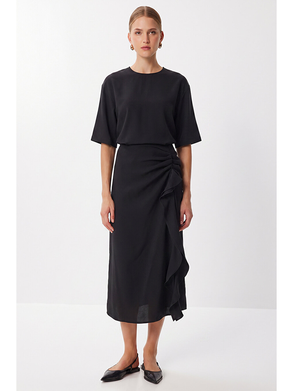 Siyah Drapeli Midi Modal Elbise SİYAH LNT0033