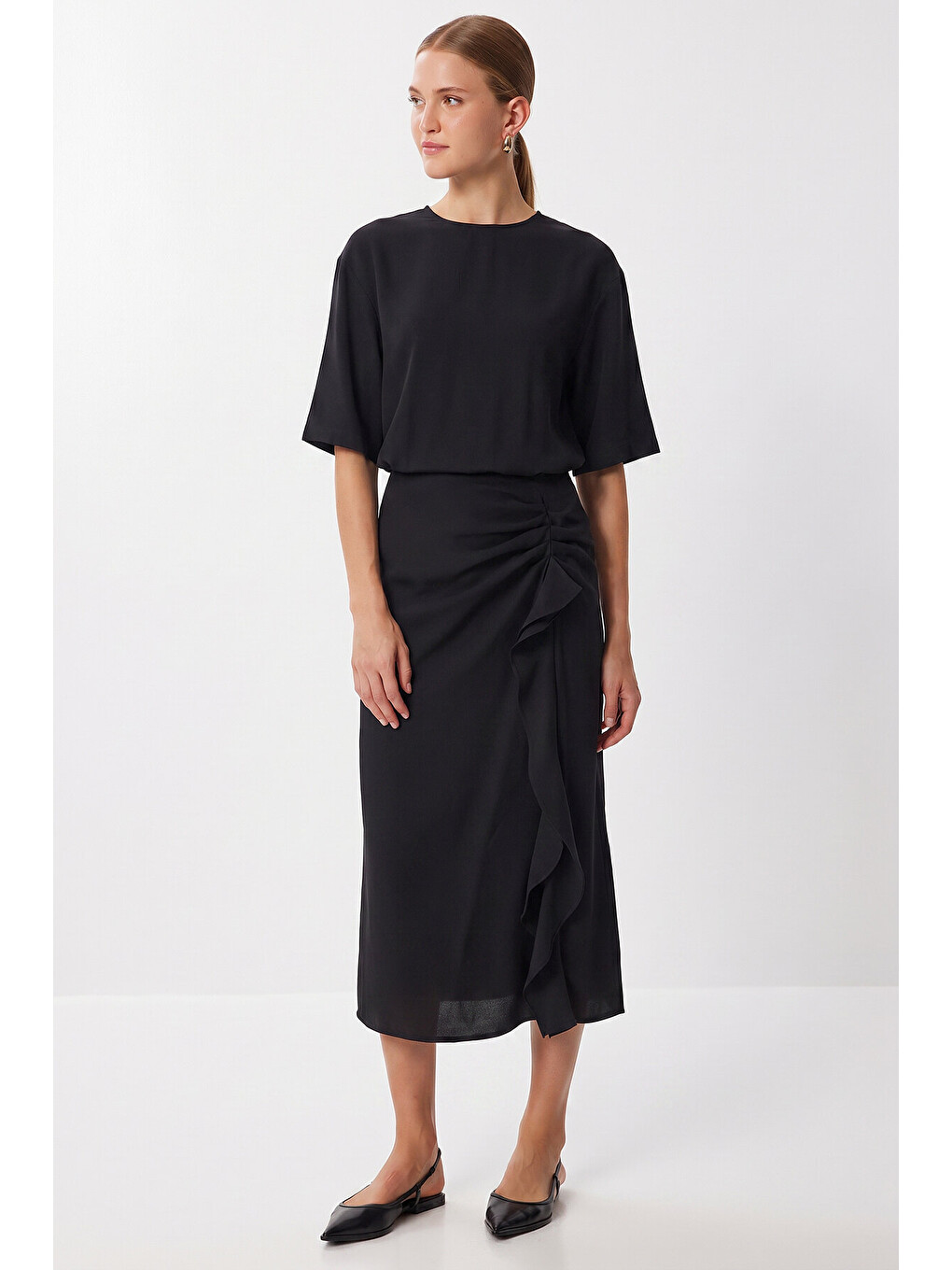 Siyah Drapeli Midi Modal Elbise SİYAH LNT0033-1
