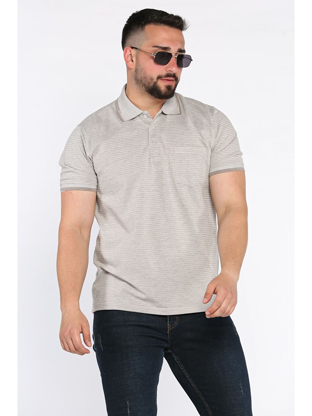 Bej Erkek Polo Yaka Yarım Düğmeli Cepli Tişört