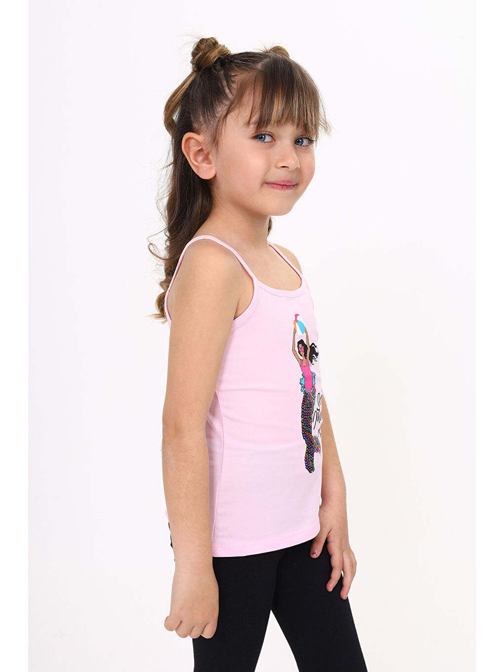 Pembe Kız Çocuk Deniz Kızı Baskılı Pul İşlemeli Atlet-2