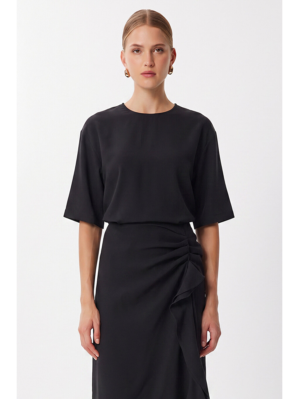 Siyah Drapeli Midi Modal Elbise SİYAH LNT0033-3