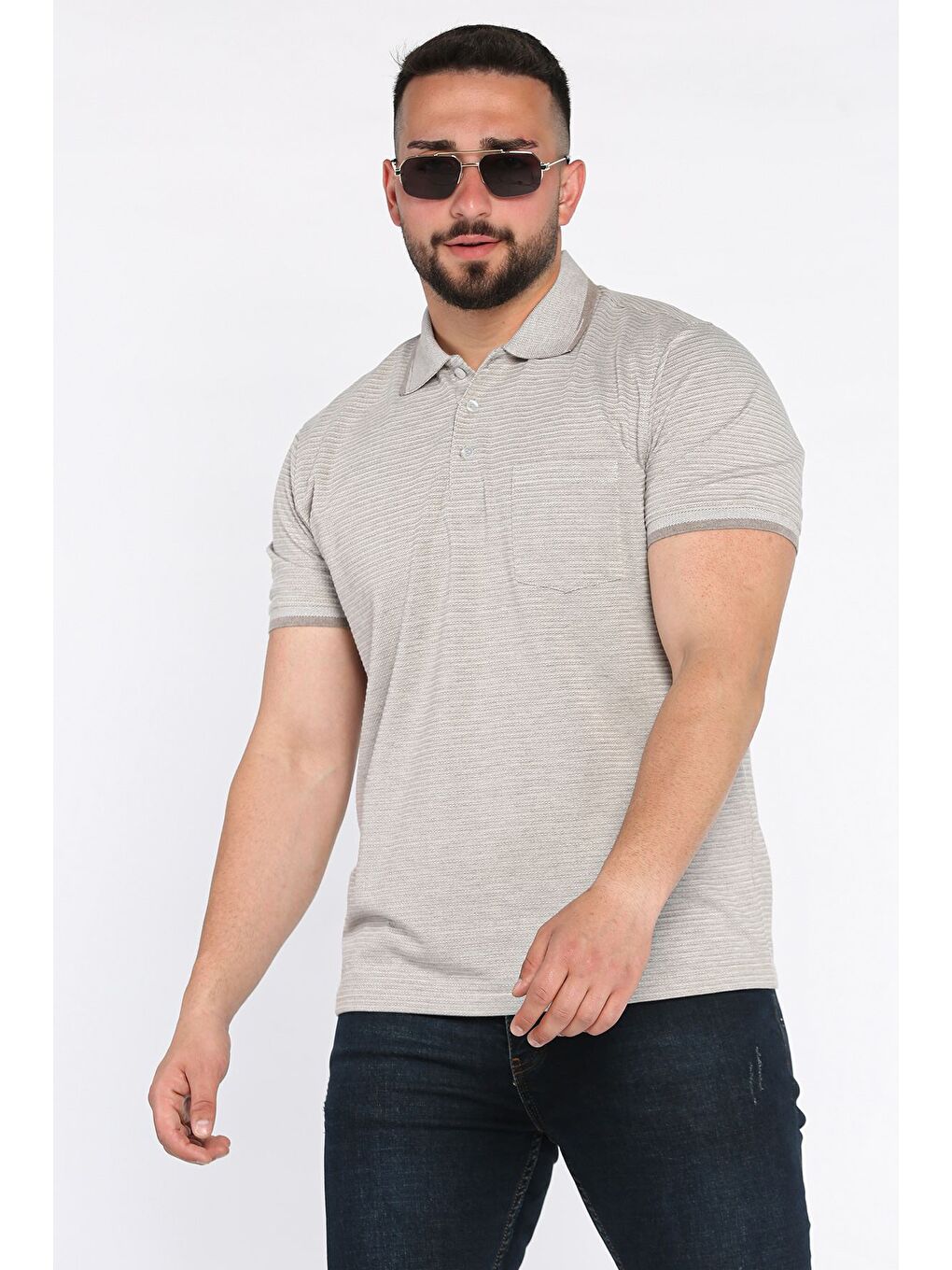 Bej Erkek Polo Yaka Yarım Düğmeli Cepli Tişört-1