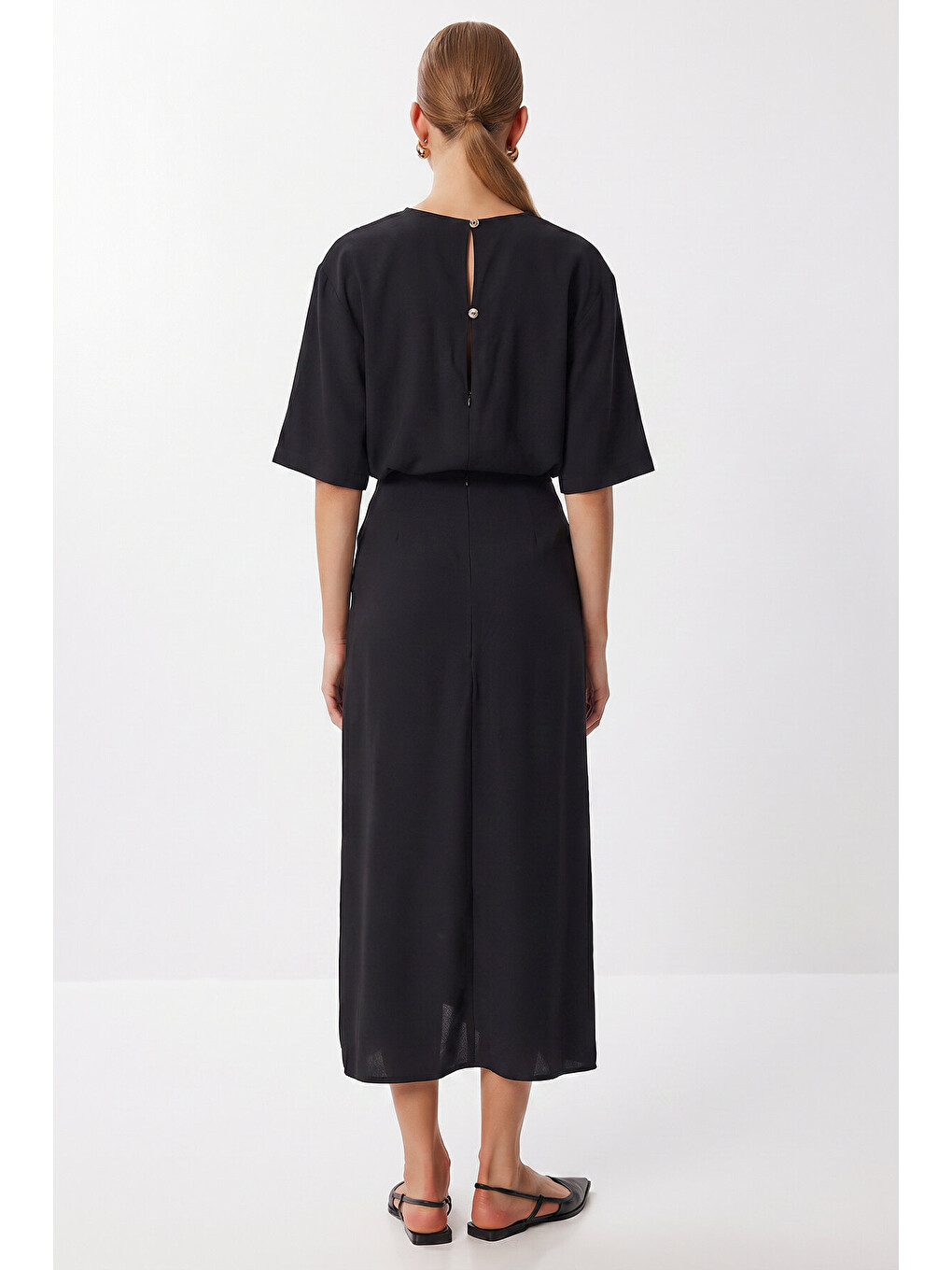 Siyah Drapeli Midi Modal Elbise SİYAH LNT0033-4