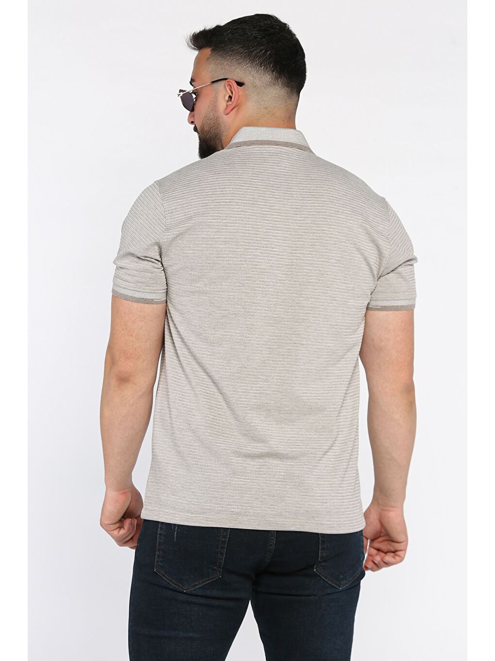 Bej Erkek Polo Yaka Yarım Düğmeli Cepli Tişört-2
