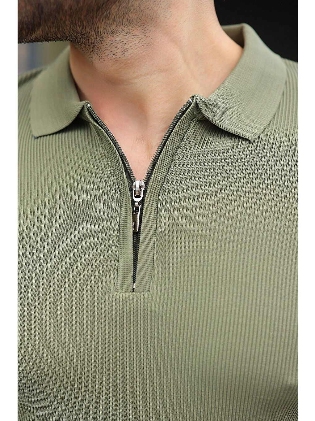 Haki Yarım Fermuarlı Polo Yaka Triko Erkek Tişört E74e59-1