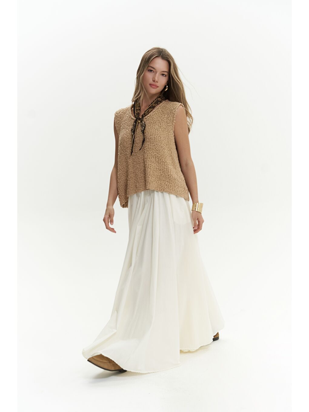 Faylinn Pileli Uzun Ekru Etek-4